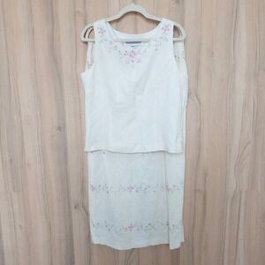 VTG Jessica Howard Womens Linen Skirt Set Sz 12 White Floral Embroidered Cottage